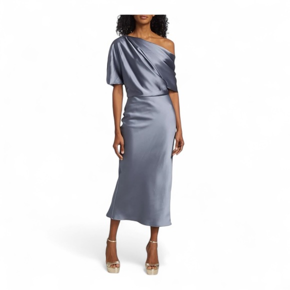 NWT Amsale One-Shoulder Gray Midi Dress - Picture 1 of 12